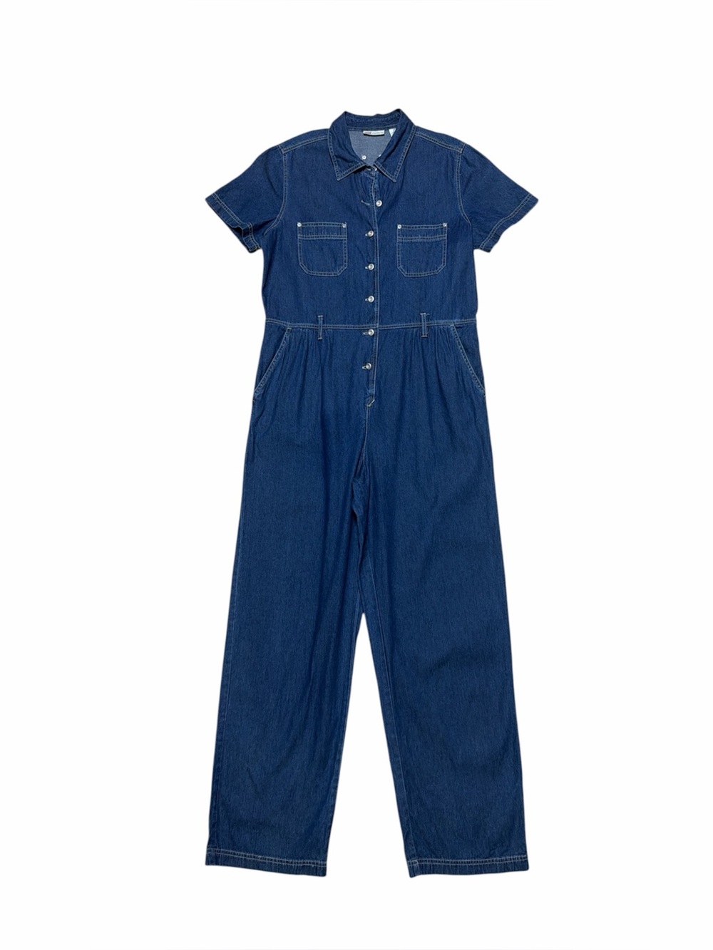 Vintage Faded Glory Jumpsuit Womens L Blue Jean Denim Short Sleeve Button Up Y2K